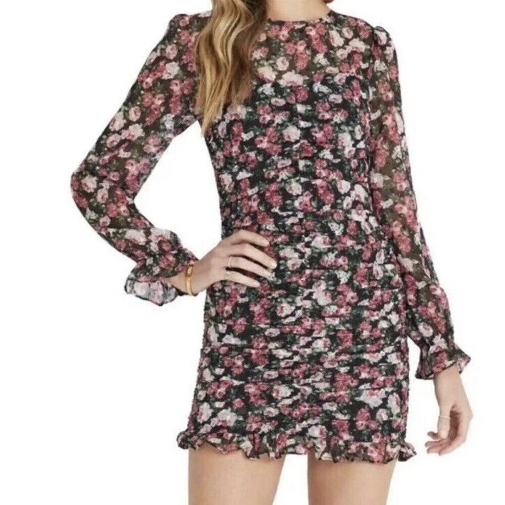 VICI X Fate Black Pink Floral Mini Dress Long Sleeve SZ S Ruched Valentines